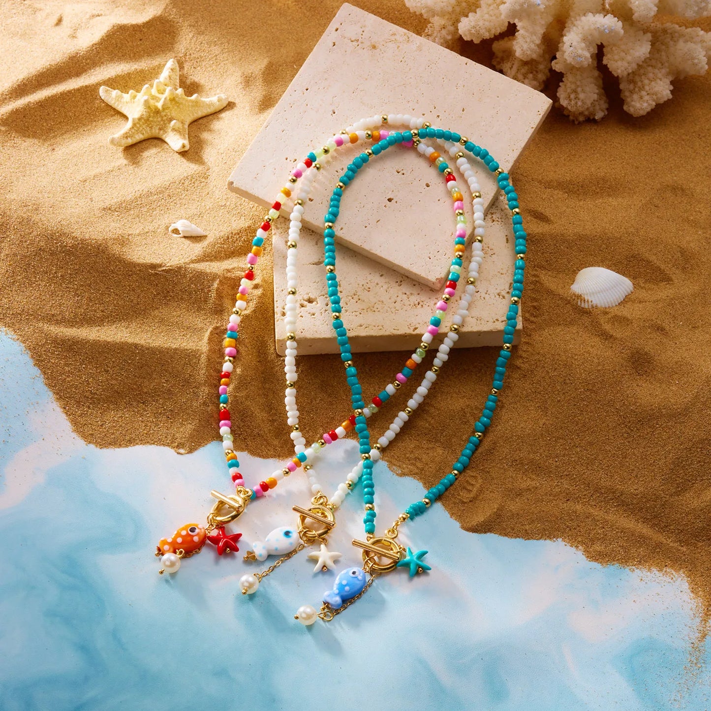 Ceramic Fish Charm Pendant with Rice Bead Necklace