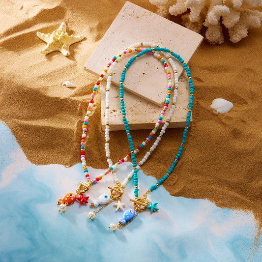 Ceramic Fish Charm Pendant with Rice Bead Necklace