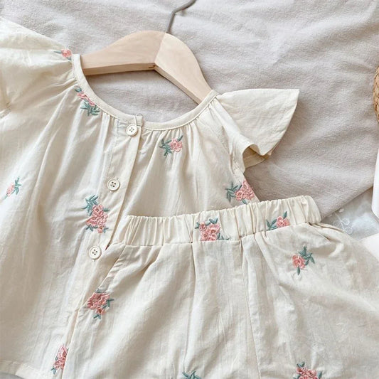 Girls' Embroidered Flower Print Two Piece Set