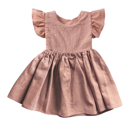 Girl's Linen Party Dress with Flutter Sleeves (5 color options)