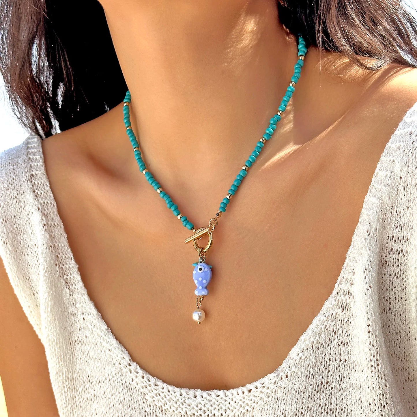 Ceramic Fish Charm Pendant with Rice Bead Necklace