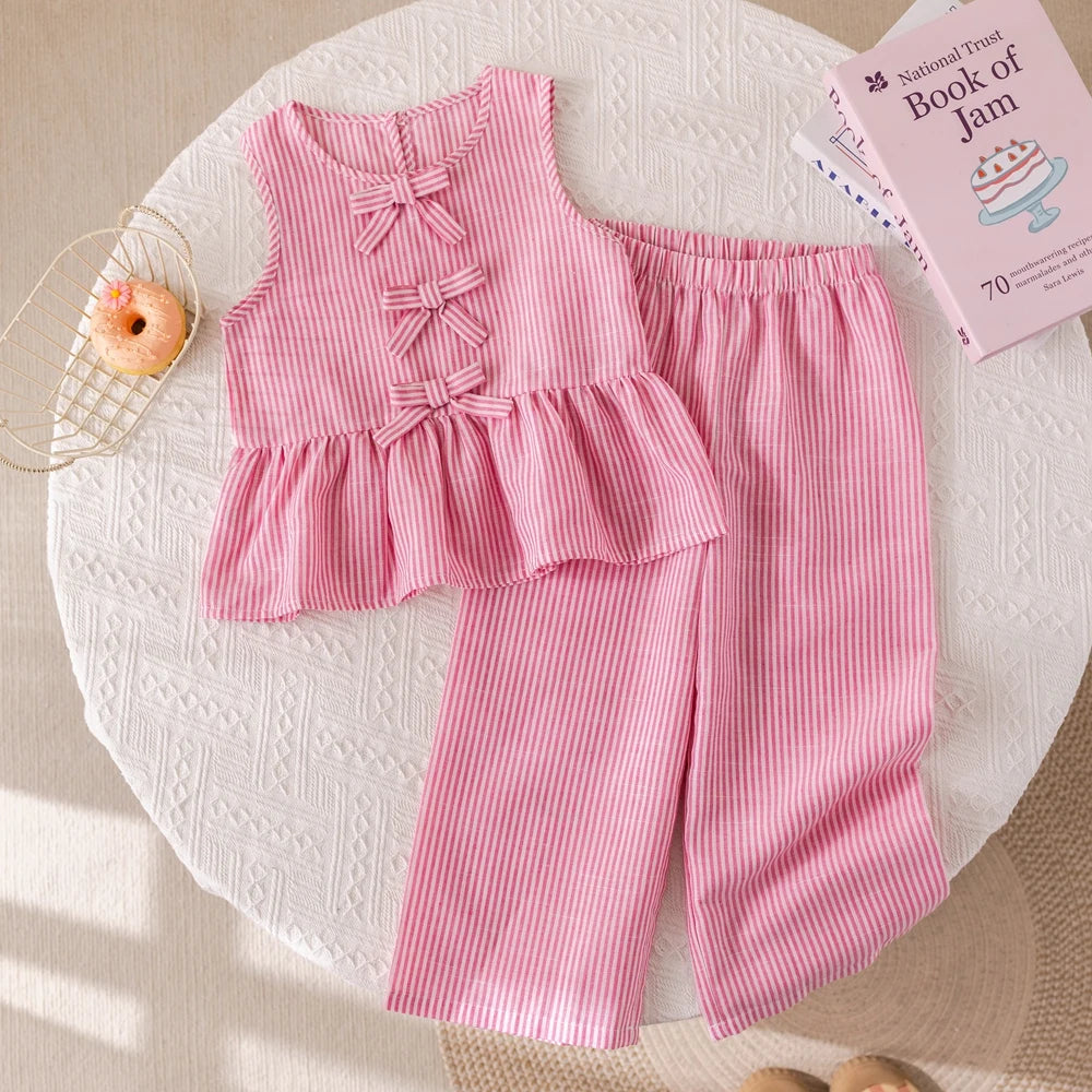 Girl's Pink Bow Striped Sleeveless Top & Pants Set