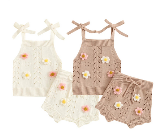 Girls Floral Knit Sleeveless Top & Shorts Set