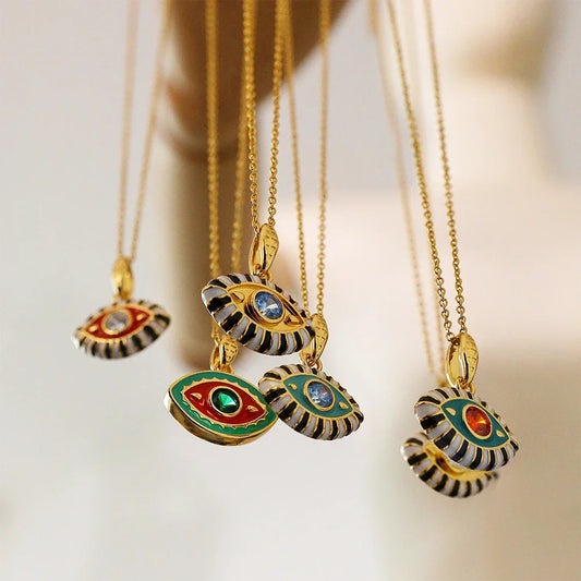 Enamel & Zircon Evil Eye Pendant Necklace