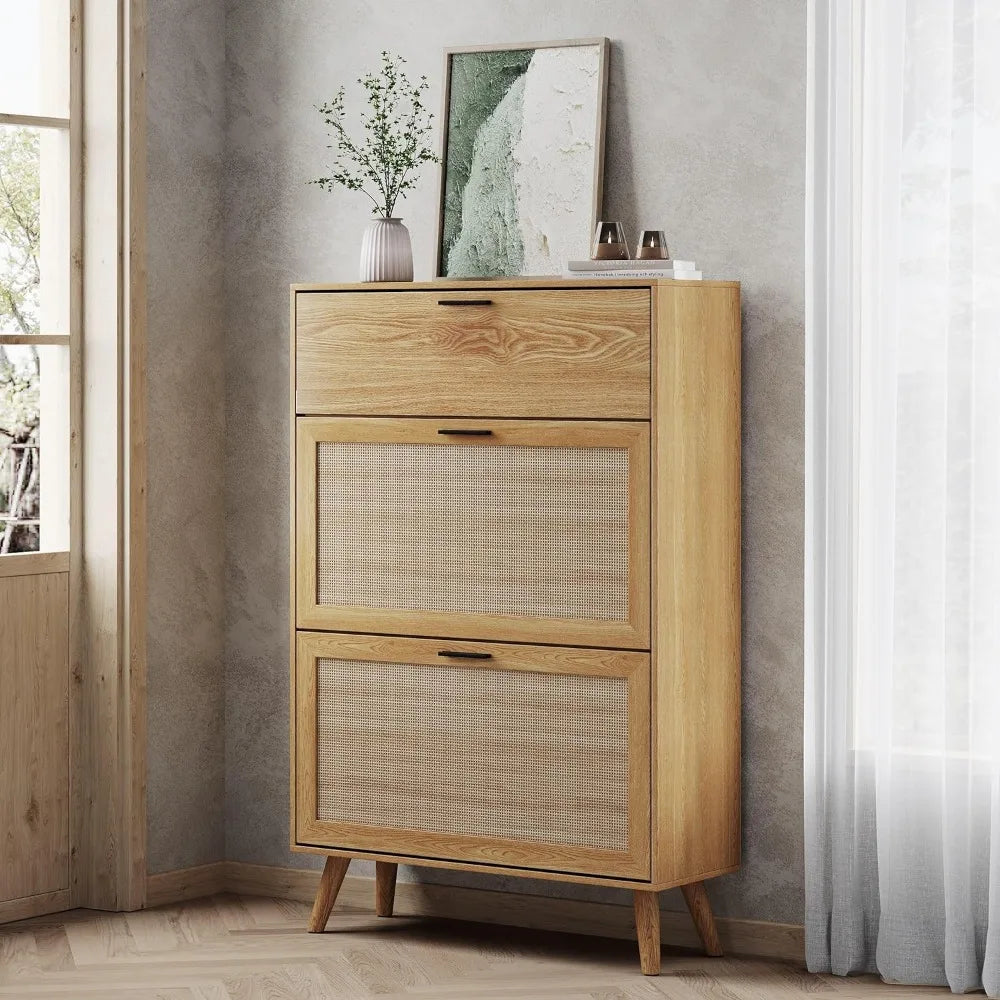 Boho Rattan & Wood Shoe Cabinet