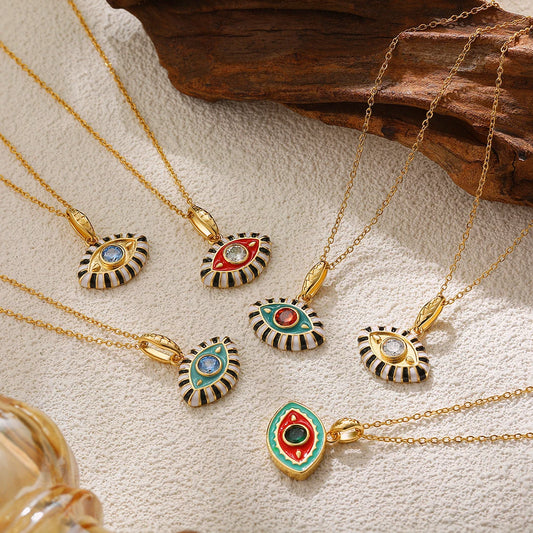 Enamel & Zircon Evil Eye Pendant Necklace