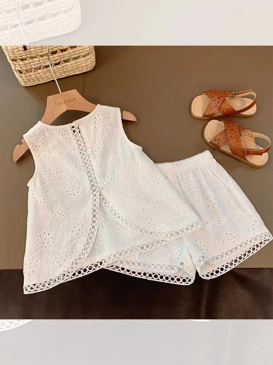 Girl's White Hollow Lace Two-piece Set