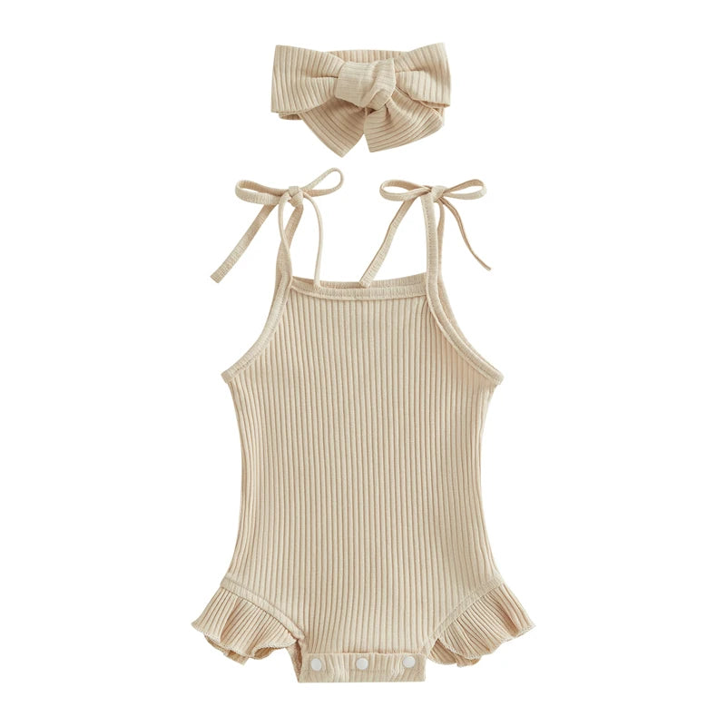 Baby Girls Romper with Tie-Up Spaghetti Straps & Headband