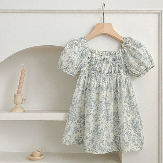 Girls Blue Flower Puff Sleeve Dress