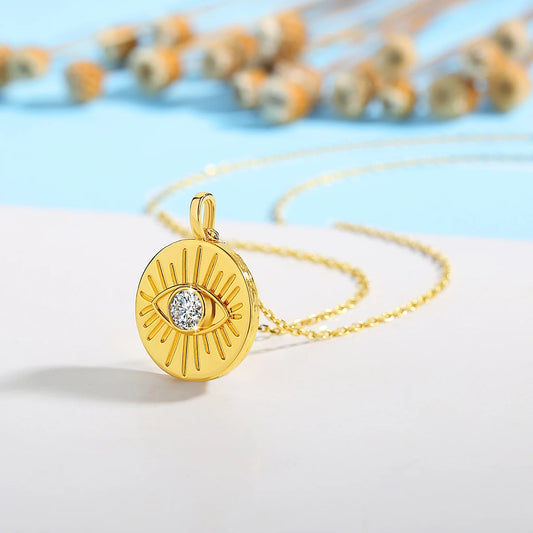 14K Gold Evil Eye Moissanite Pendant with Gold Plated Sterling Silver Chain