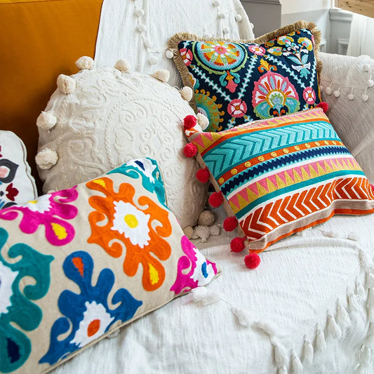 Bohemian Embroidered Throw Pillow Cover