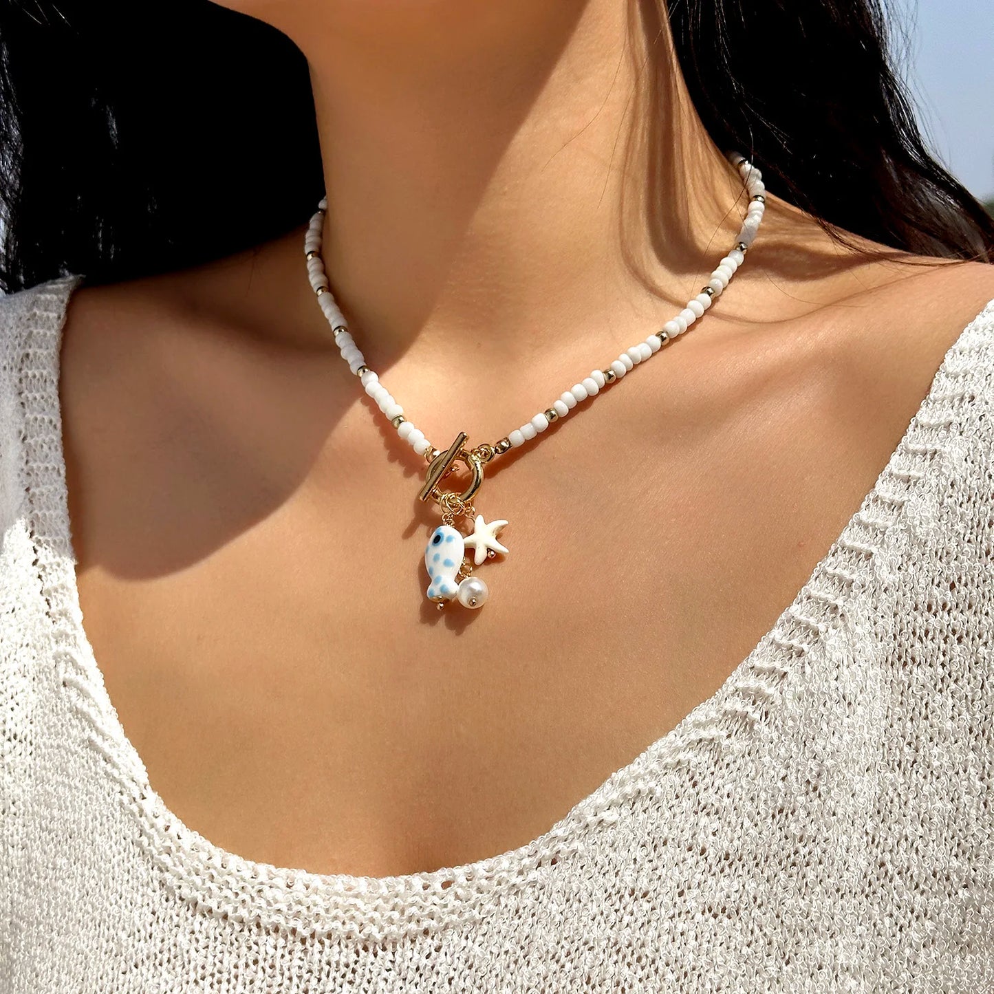 Ceramic Fish Charm Pendant with Rice Bead Necklace