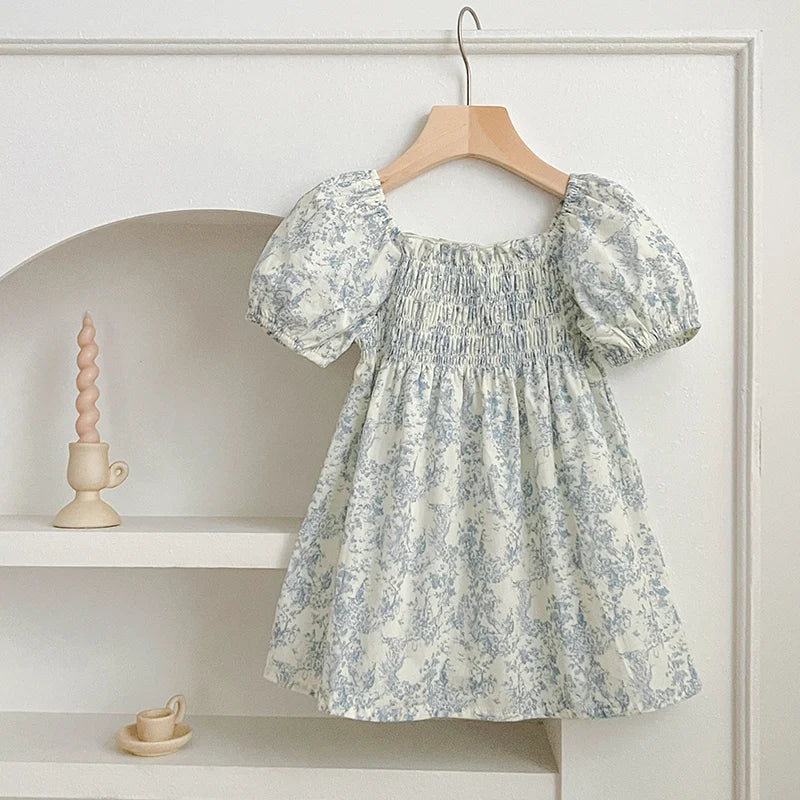 Girls Blue Flower Puff Sleeve Dress