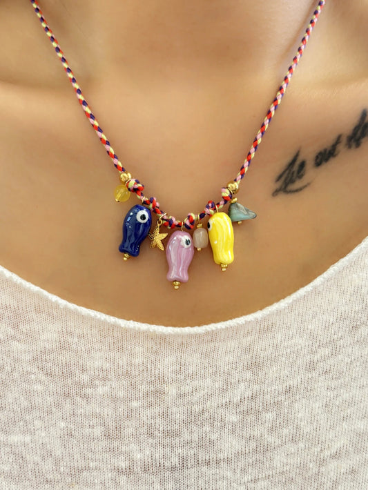 Ceramic Fish Charm & Adjustable Rope Necklace