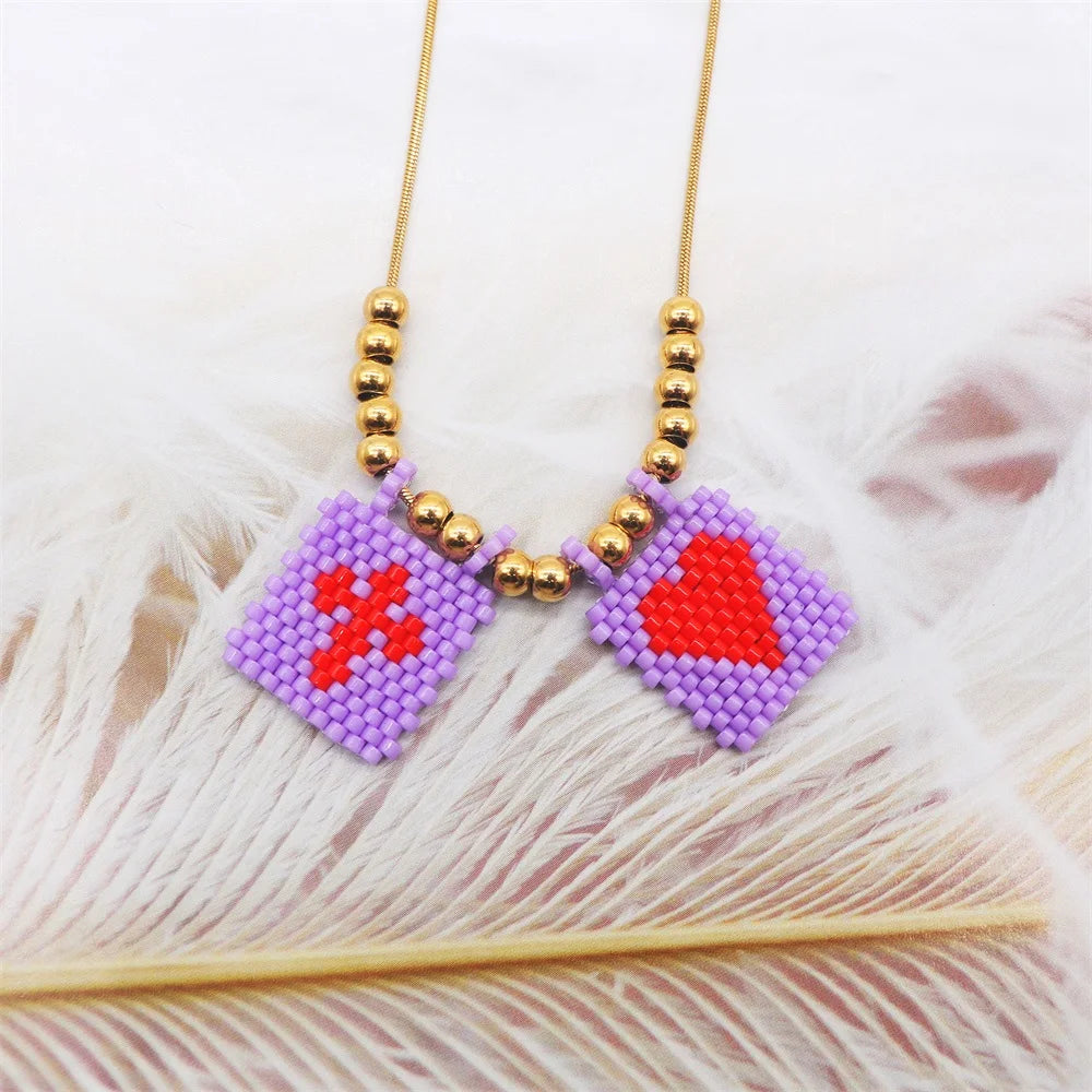 Beaded Heart & Cross Necklace (12 color options)