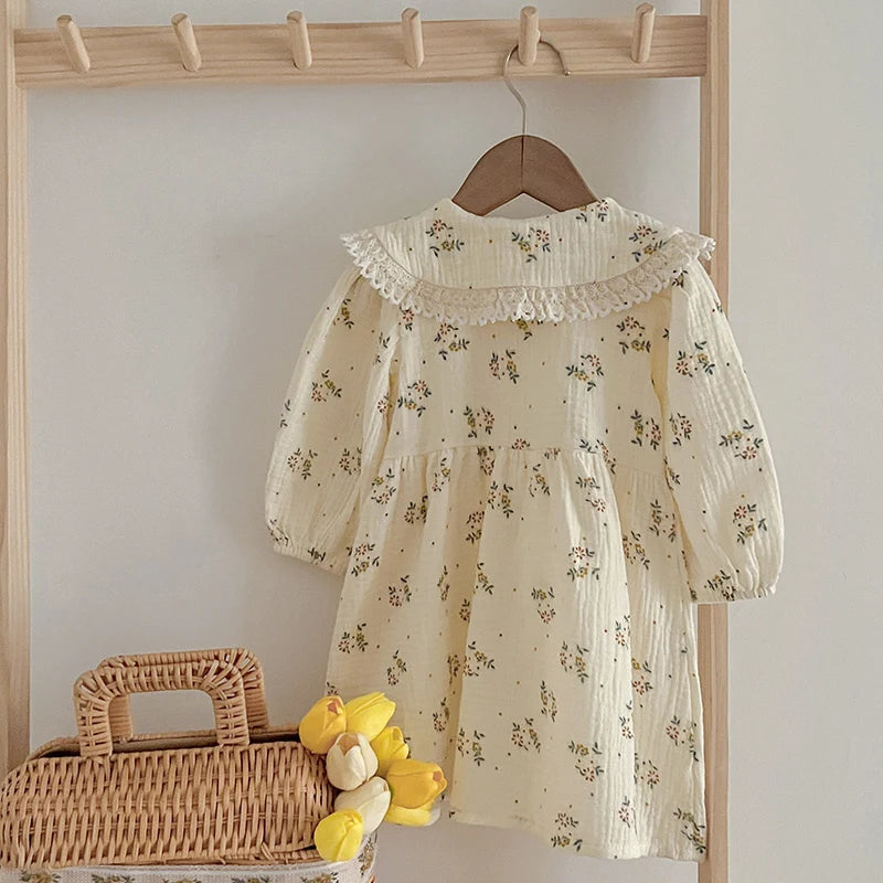 Girls Tiny Floral Cream Dress with Round Collar