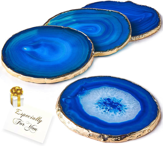 Blue Agate Coasters Set of 4,Brazilian Geode Coasters for Drinks with Gold Rim(4"-3.5"),Natural Gem Stone Coasters Blue,Gemstone Cup Mat for Home Decor by (4)