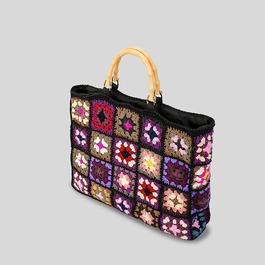 Crochet Square Tote Bag with Bamboo Handles