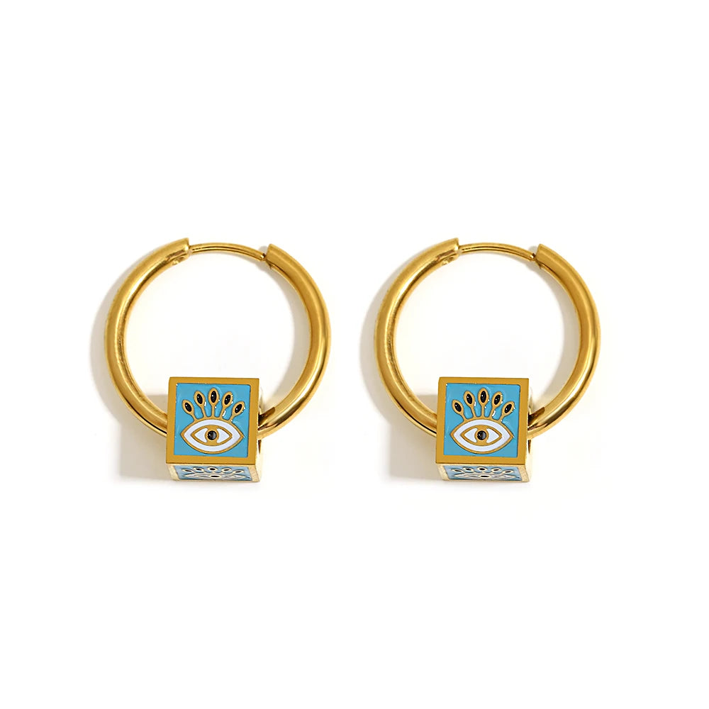 18K Gold Plated Enamel Evil Eye Cube Earrings