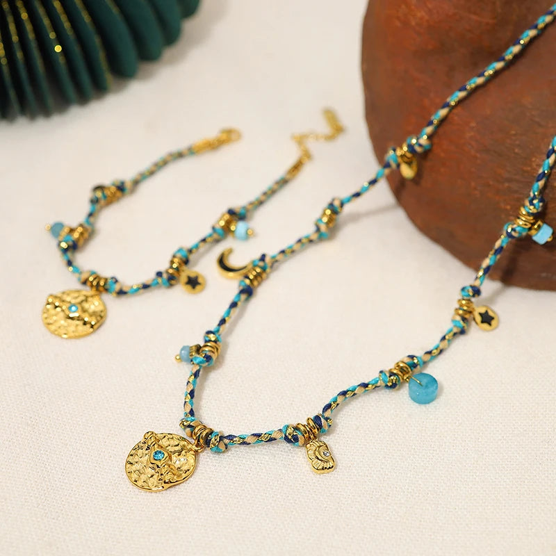 18k Gold-plated Stainless Steel Charm with Rope Necklace & Bracelet