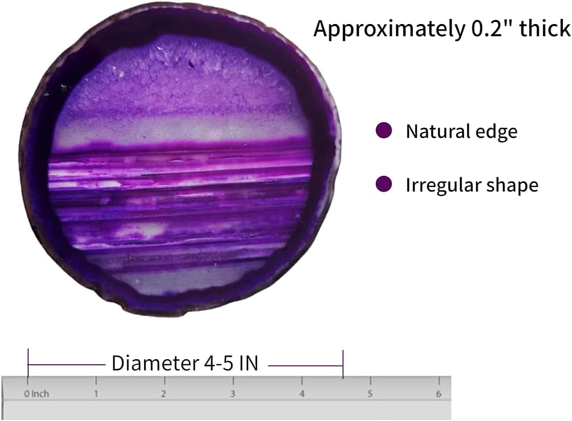 4Pcs Agate Coaster for Drinks Purple Irregular Crystal Coasters Dyed with Rubber Bumpers for Coffee Wine or Bar Glasses 4-5"
