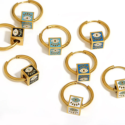 18K Gold Plated Enamel Evil Eye Cube Earrings