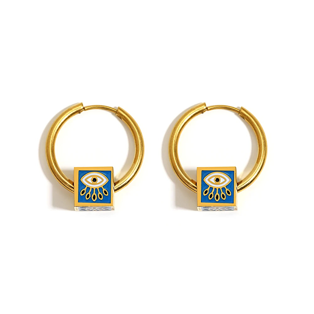 18K Gold Plated Enamel Evil Eye Cube Earrings
