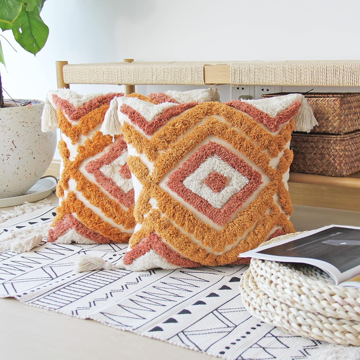 Boho Throw Pillow Covers with Handmade Tassels Decorative Woven Tufted Burnt Orange Pillowcase for Couch Bedroom 18 X 18 Inch