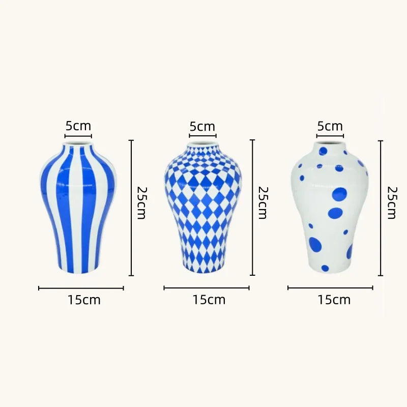 Blue & White Ceramic Vase (Striped, Checkered or Dotted)