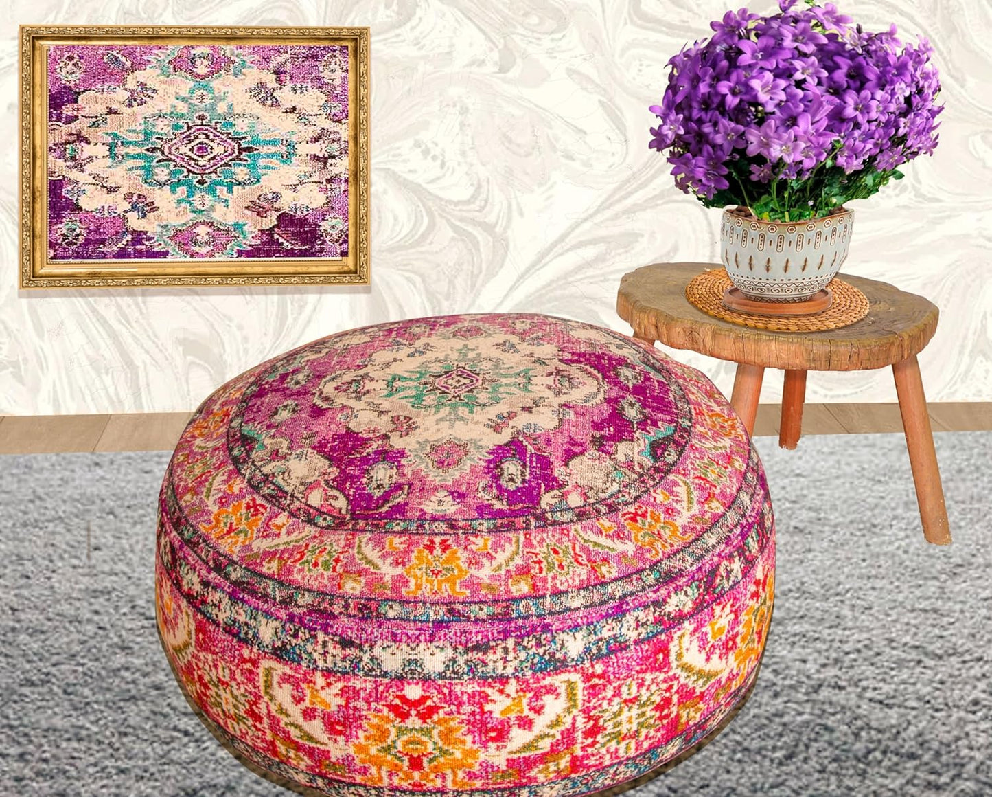 Boho Floor Cushion Cover Purple round Purple Pillow Case Moroccan Décorative Pouf Perfect for Living Room, Bedroom, Nursary or Children Room Pouf Beanbag Stool Cotton 24X8 Unstuffed