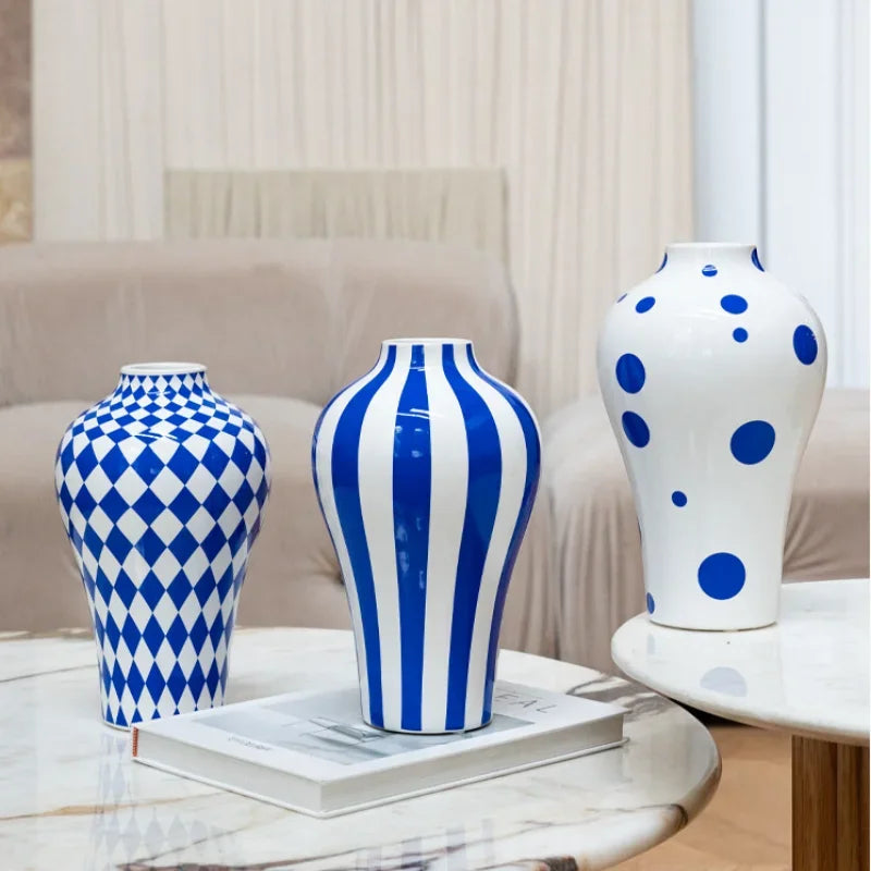 Blue & White Ceramic Vase (Striped, Checkered or Dotted)